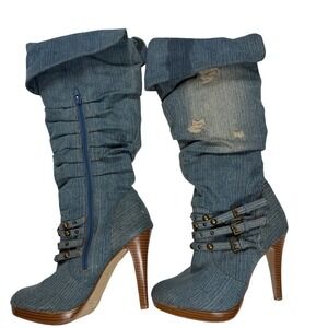 Blue Denim Slouchy Platform Stiletto Boots Studded Buckle Distressed Womens 8